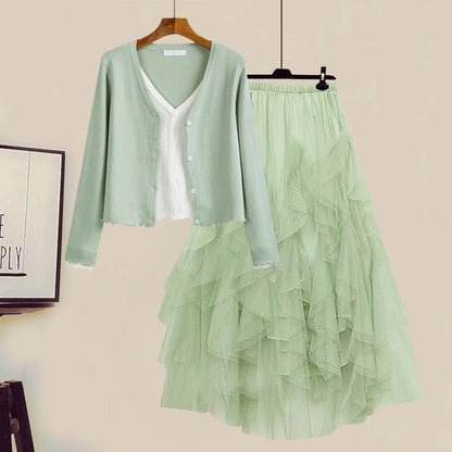 Colorblock Fake Shirt Tulle Tiered Skirt Set modakawa