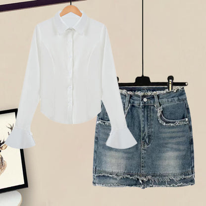 White Sleeve Lapel Lace Up Shirt Denim Skirt Set modakawa