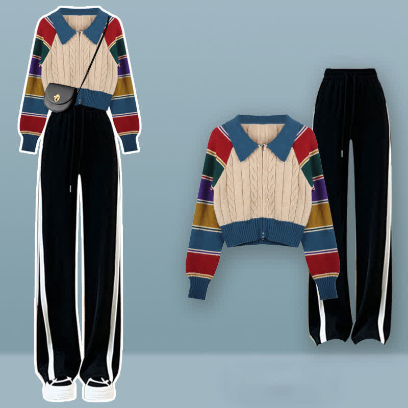 Colorblock Stripe Cardigan Sweater Pants Set modakawa