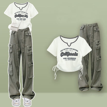 Casual Letter Print Drawstring Crop Top T-Shirt Pocketed Cargo Pants modakawa