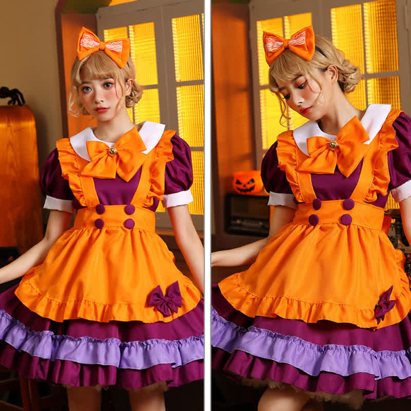 Cute Orange Bow Decor Puff Sleeve Maid Dress Modakawa