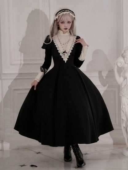 Elegant Black and Beige Ruffle Banded Collar Long Dress mySite