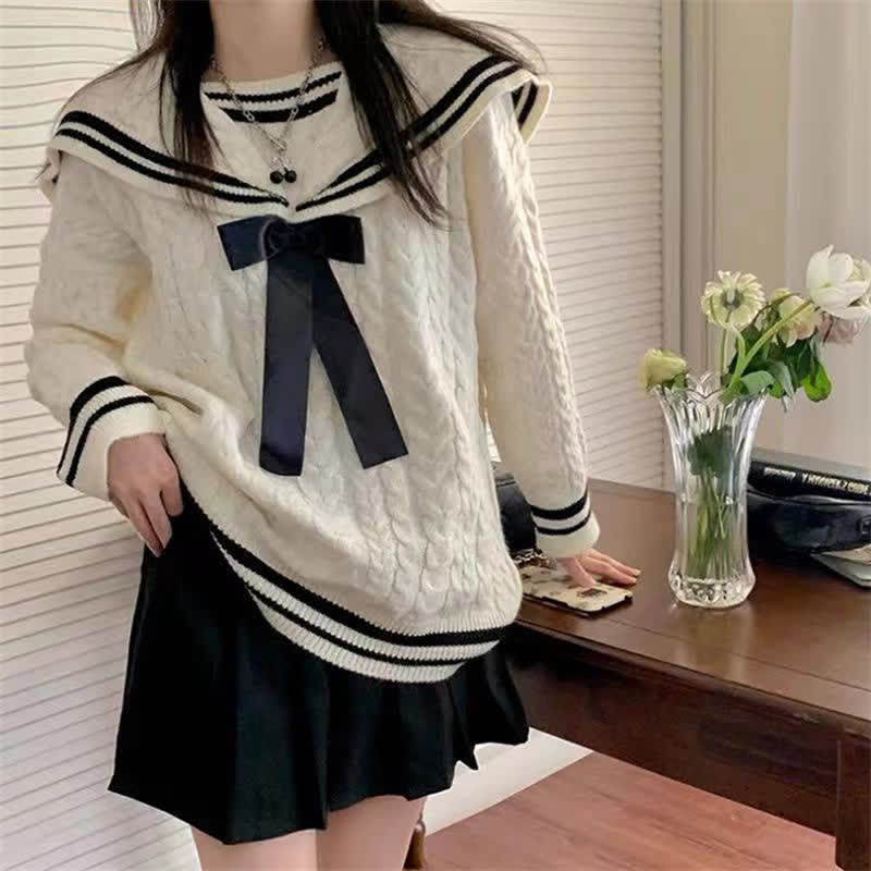 Sweet Sailor Collar Sweater Lattice Pleated Skirt Set Modakawa