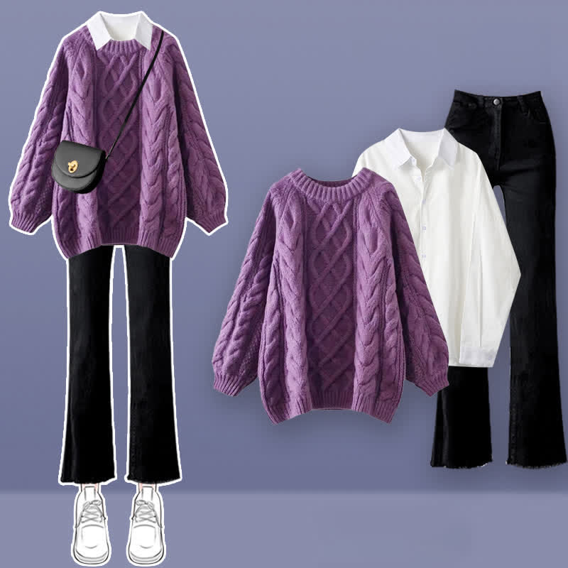 Purple Cable Round Collar Sweater Lapel Shirt Pants Set modakawa