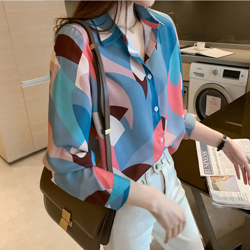 Chic Colorblock Long Sleeve Lapel Shirt modakawa