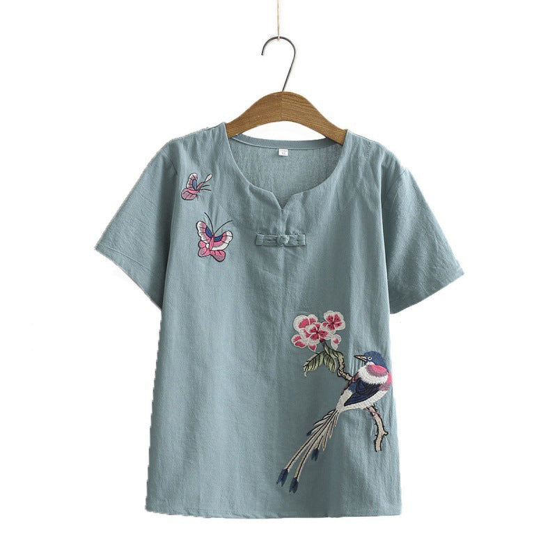 Vintage Bird Embroidery Buckle T-Shirt Pants Set modakawa