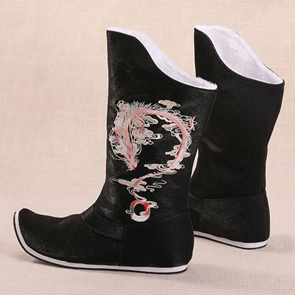 Vintage Dragon Embroidery Pointed Toe Plush Boots modakawa