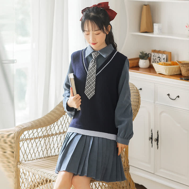 Chic Knit Vest Lapel Tie Pleated Shirt Dress Set modakawa