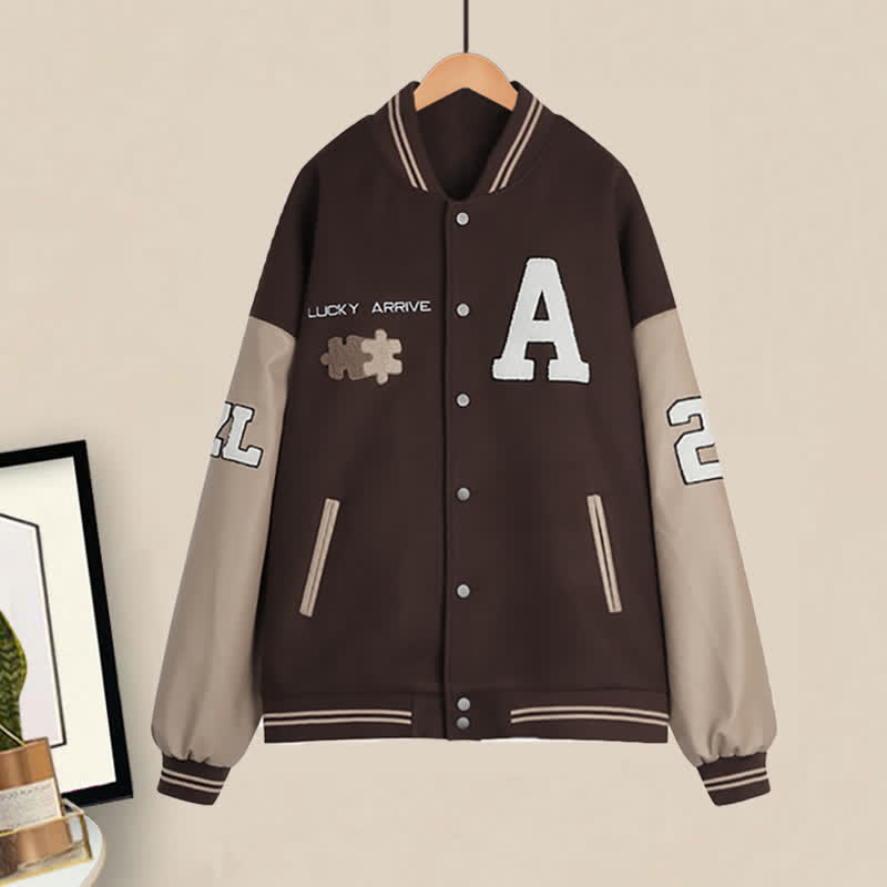 Brown Letter Baseball Jacket Pleated Skirt Set modakawa