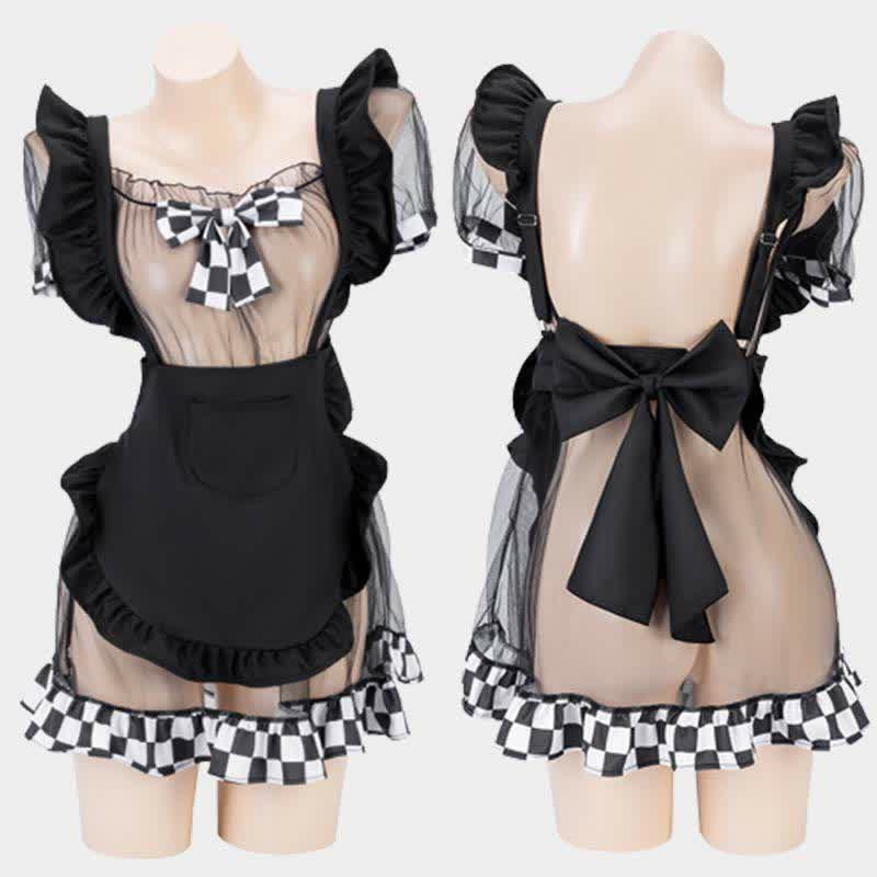 Bow Knot Plaid Maid Mesh Dress Lingerie Modakawa