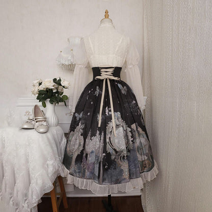 Lolita Elegant Bowknot Lace Shirt Clock Print High Waist Skirt modakawa