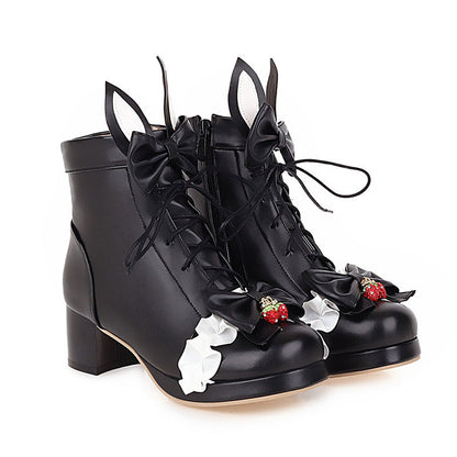 Sweet Strawberry Bow Lolita Lace Up Boots Modakawa