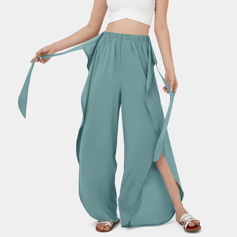 Lace Up Flowy Split Wide Leg Casual Pants modakawa