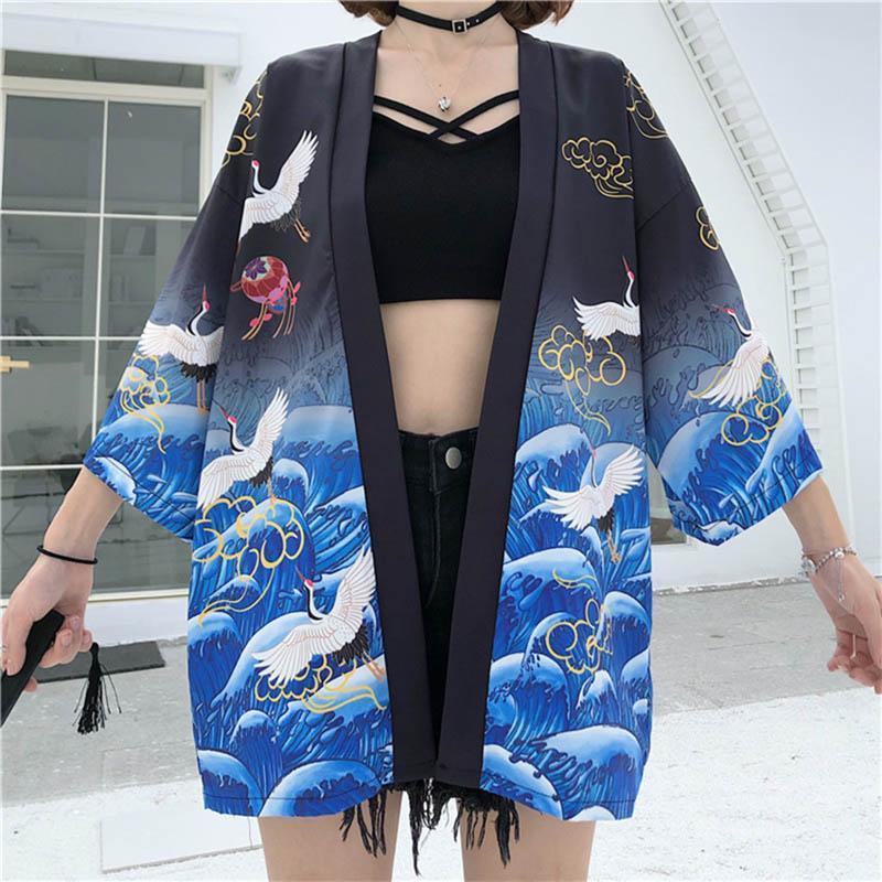 Crane Print Belted Kimono Outerwear Sun Protective Modakawa