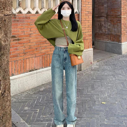 Green Cross Knit Crop Sweater Cami Pocketed Denim Pants modakawa