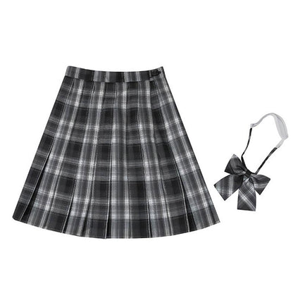 Plaid Print Pleated Skirt Bow Tie Set Modakawa