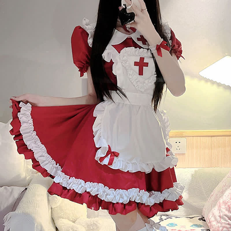 Kawaii Cross Print Ruffled Maid Lolita Dress Set Modakawa