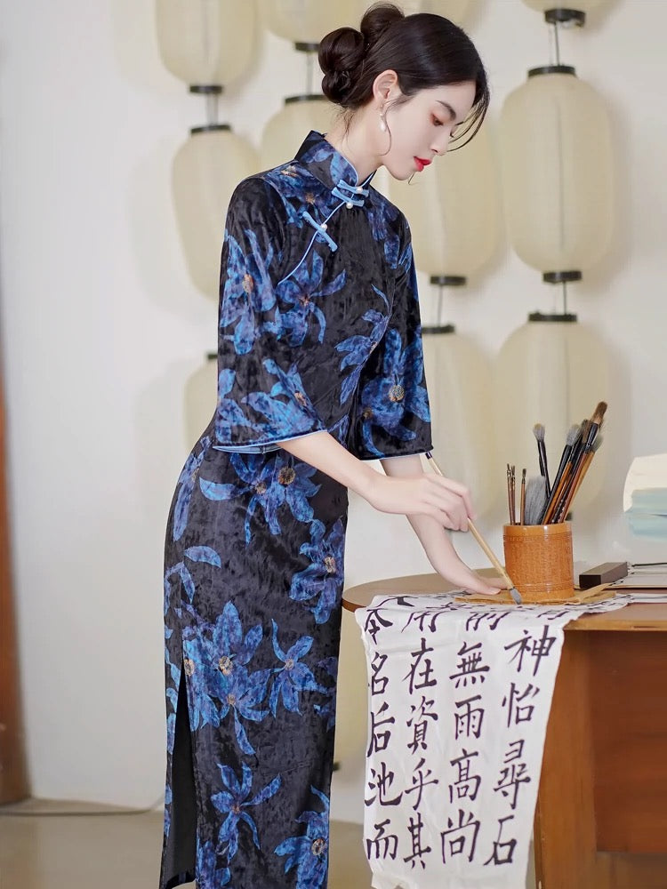 Blue Floral Cheongsam Dress Hanfu Story