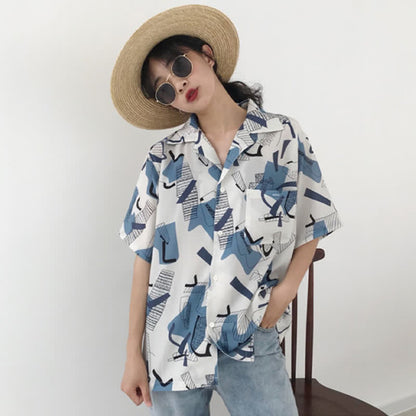 Vintage Print Casual Laple T-Shirt Pocketed Denim Shorts modakawa