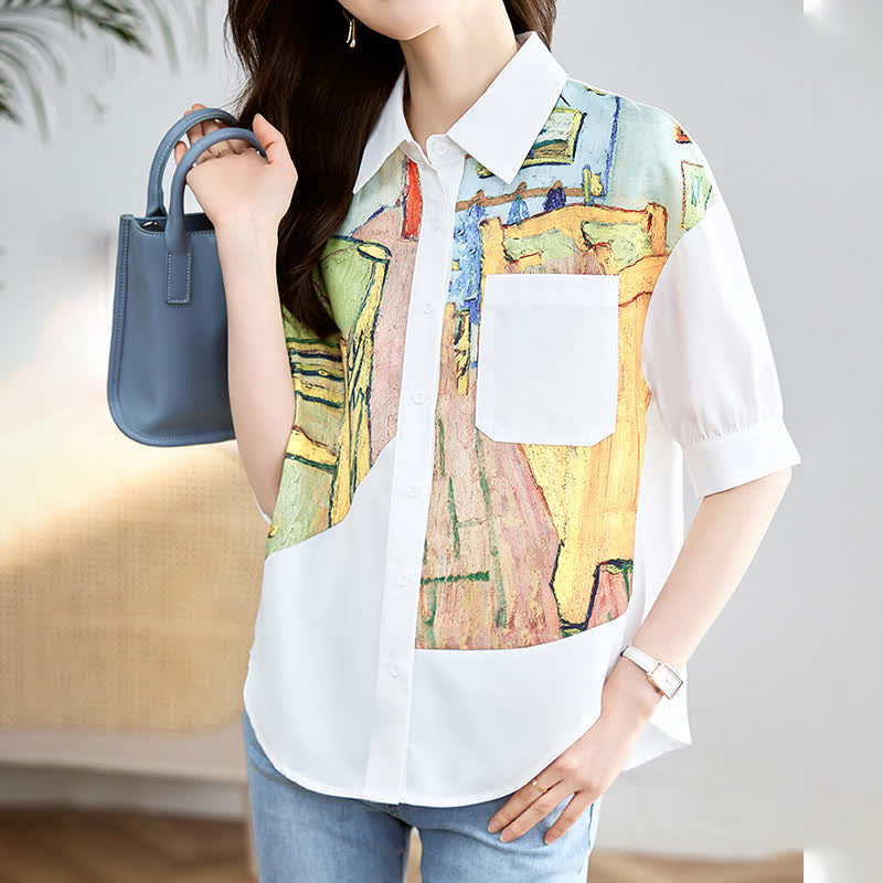 Colorblock Painting Print Pocket Lapel Shirt modakawa