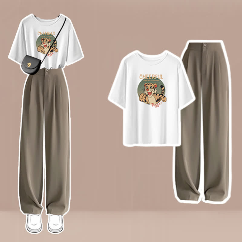 Cartoon Print T-Shirt High Waist Wide Leg Pants modakawa