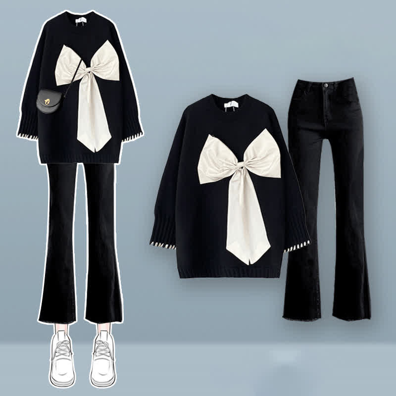 Black Bow Decor Knit Sweater Denim Pants Set modakawa