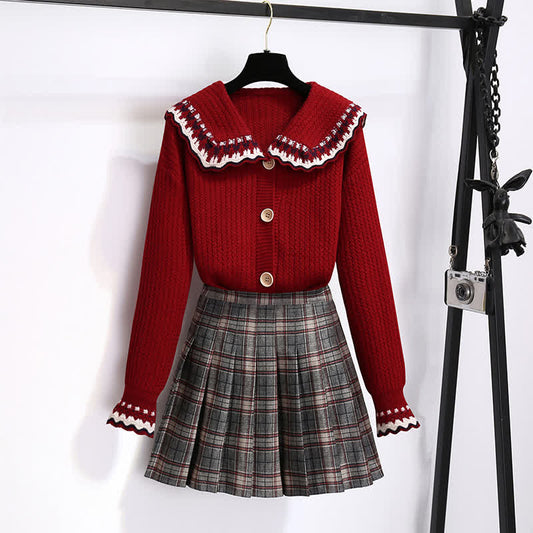 Elegant Doll Collar Knit Sweater Plaid Print Pleated Skirt modakawa