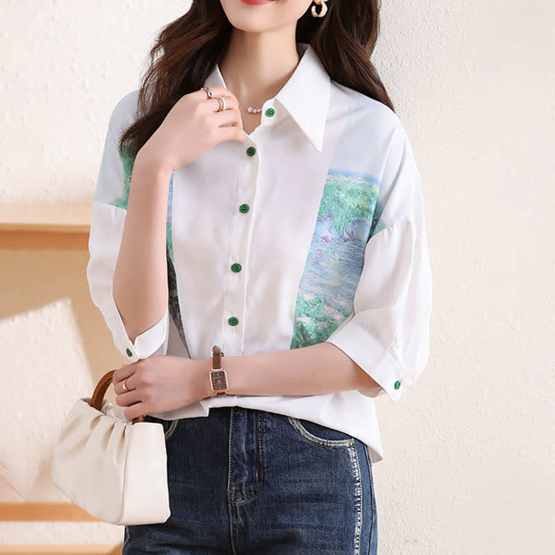 Chic Painting Print Chiffon Lapel Shirt modakawa