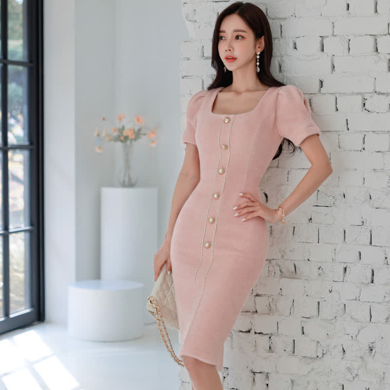 Slim Square Collar Pearl Button Front Office Dress modakawa