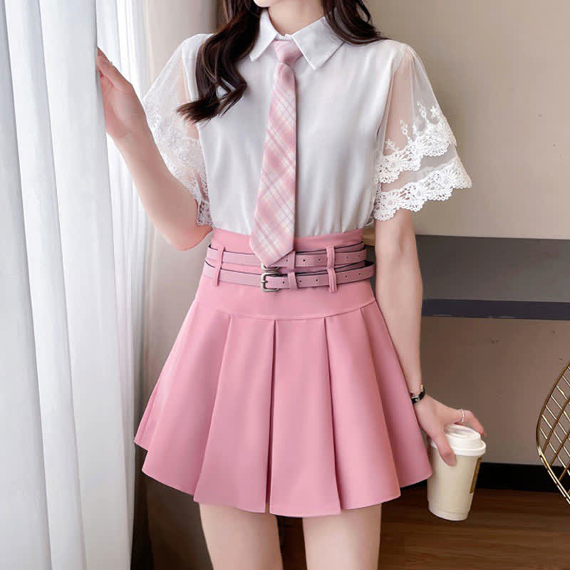 Lace Sleeve Tie T-Shirt Belted Pleated Skirt Set modakawa