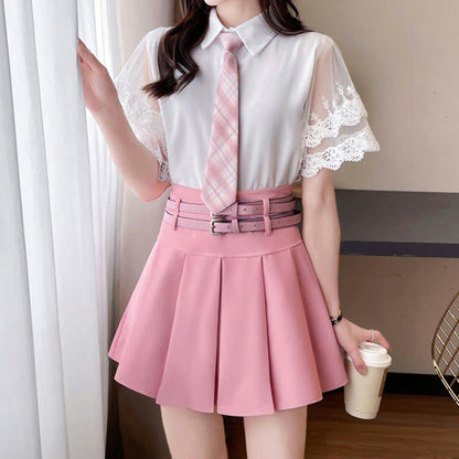 Lace Sleeve Tie T-Shirt Belted Pleated Skirt Set modakawa