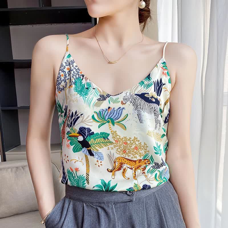 Vintage Animals Floral Satin Cami Top Workwear modakawa