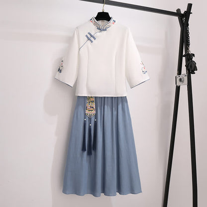 Vintage White Hanfu Buckle Shirt Tassel Skirt modakawa