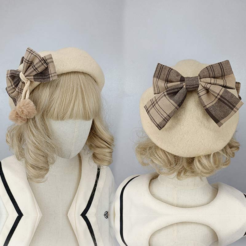 Vintage Bow Knot Plaid Lolita Beret modakawa