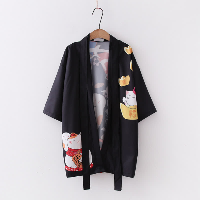 Lucky Cat Letter Print Cardigan Kimono Outerwear modakawa