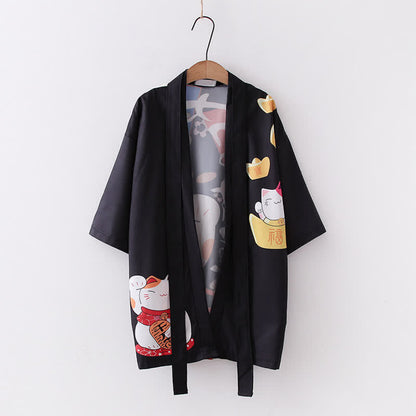 Lucky Cat Letter Print Cardigan Kimono Outerwear modakawa