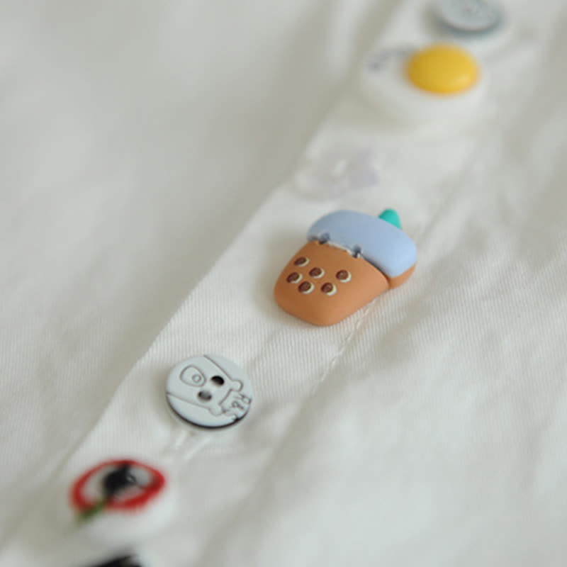 Cartoon Button Milk Tea Print Pocket Lapel Shirt modakawa