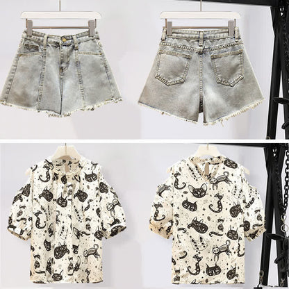 Kitty Print Cold Shouder Chiffon Shirt Casual Denim Shorts modakawa