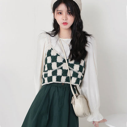 Green Plaid Vest Chiffon Shirt Pleated Skirt Set Modakawa