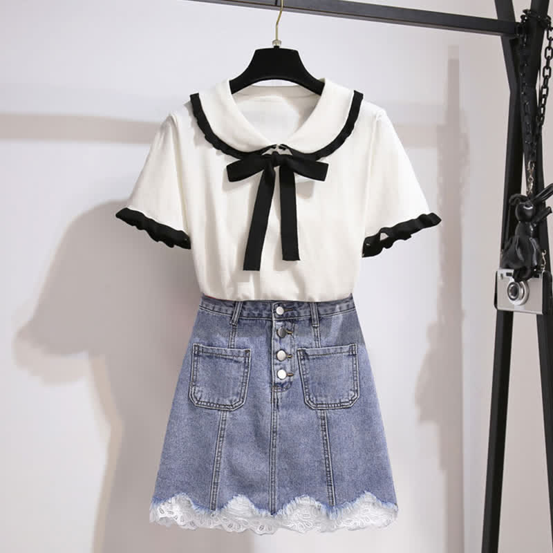 Bowknot Knitted T-Shirt High Waist Denim Skirt modakawa