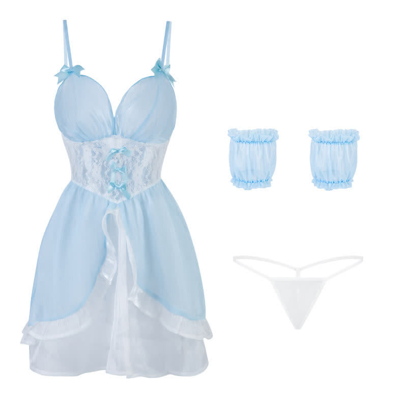 Fairy Blue Maid V-neck Slip Lingerie Dress Stockings Set modakawa