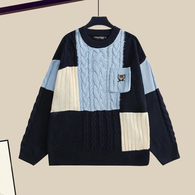 Colorblock Cable Knit Sweater Shirt Denim Pants Set Modakawa