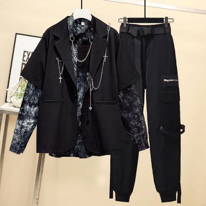 Black Gothic Lapel Blazer Tie Dye Chain Shirt Belted Pants modakawa