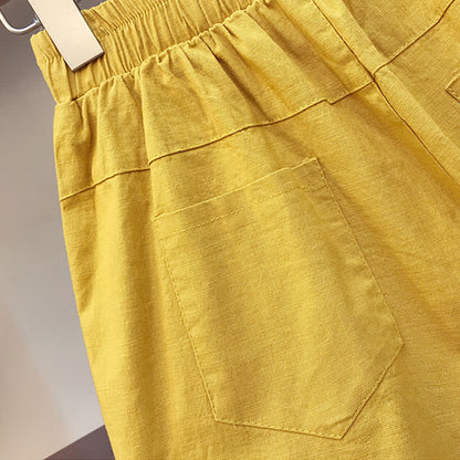 Colorblock Print V-neck T-Shirt Elastic Yellow Shorts Set modakawa