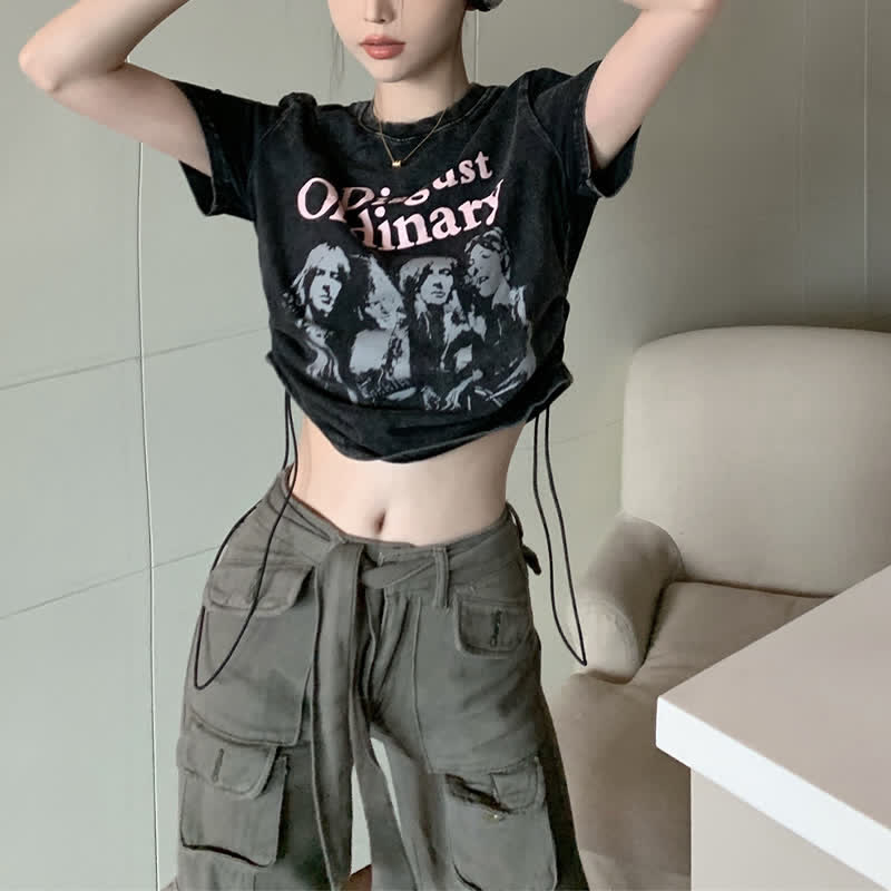 Casual Letter Print Drawstring Crop Top T-Shirt Pocketed Cargo Pants modakawa