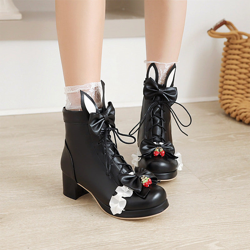 Sweet Strawberry Bow Lolita Lace Up Boots Modakawa