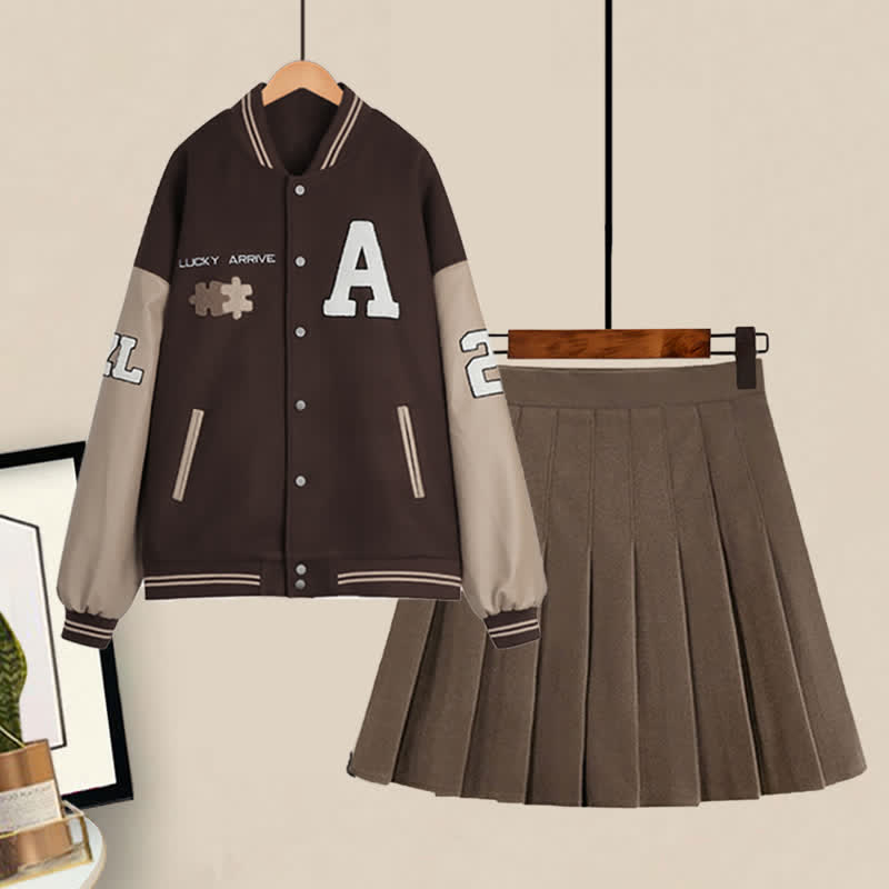 Brown Letter Baseball Jacket Pleated Skirt Set modakawa