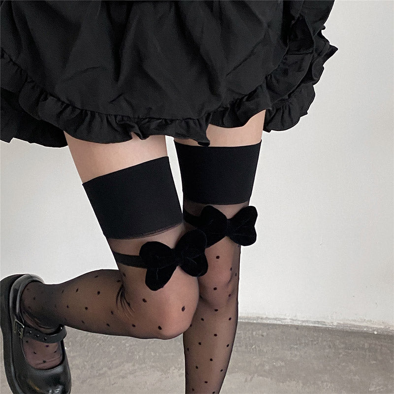 Black Bow Knot Decor Polka Dots Silk Stockings modakawa