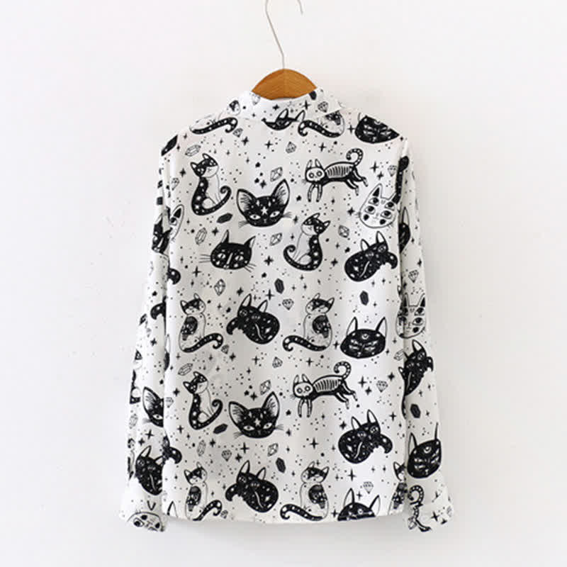 Black White Kitty Print Lapel Chiffon Shirt modakawa