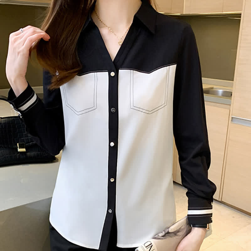 Elegant Colorblock Chiffon Shirt Workwear modakawa